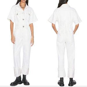 NWOT FRAME Denim Womens Oversized Detail Short Sleeve Denim Jumpsuit White Small